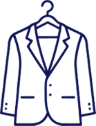 Line drawing of a suit jacket on a hanger, shown from the front with lapels, two buttons, and two front pockets.