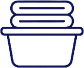 Simple line drawing of a rectangular tub containing two folded towels stacked on top.