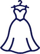 Simple line drawing of a long, strapless dress with a fitted bodice on a hanger.