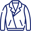 Simple line drawing of a jacket with a collar, lapels, and two pockets in dark blue on a light background, perfect for showcasing leather cleaning Mahoning Valley services.