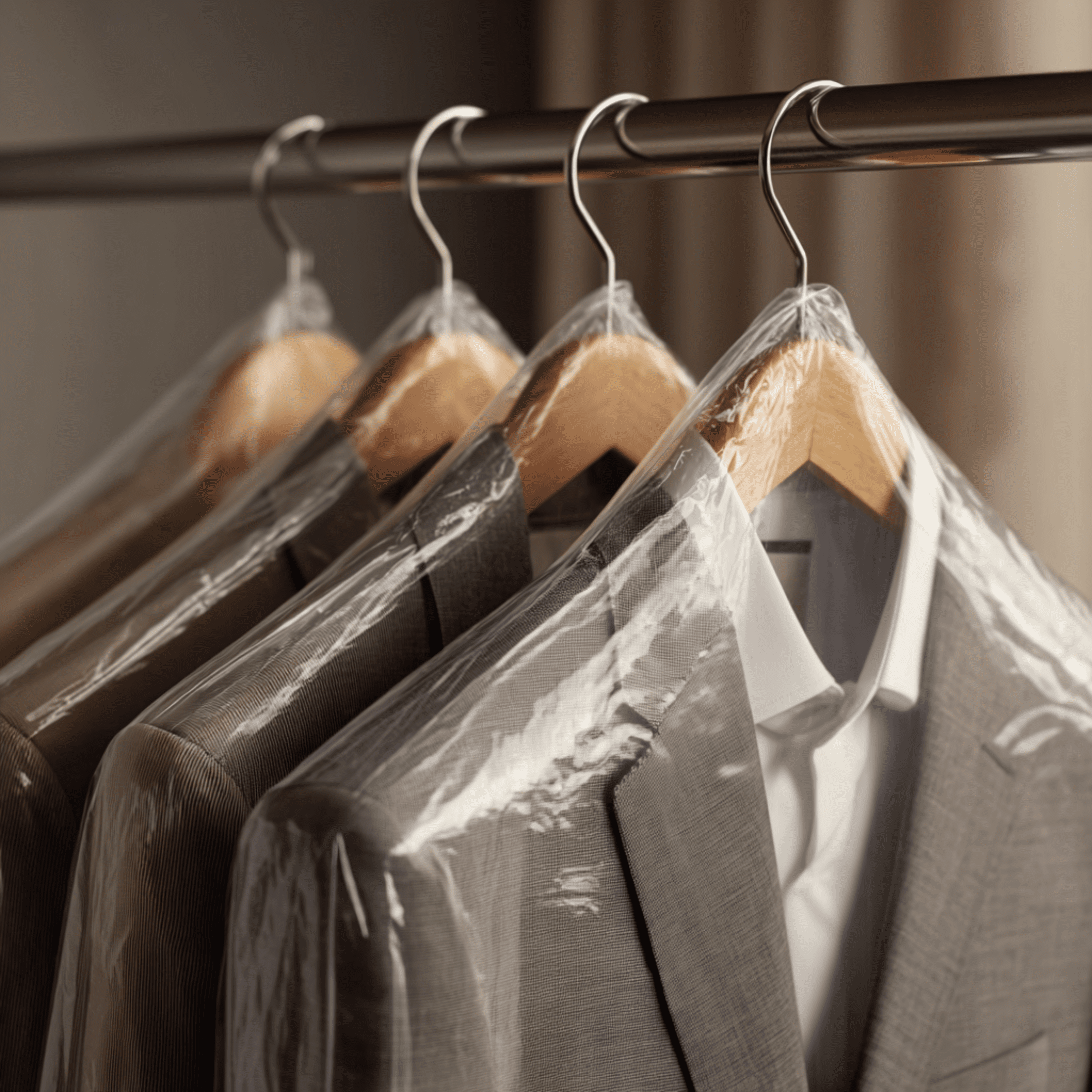 Several gray suits on wooden hangers are covered in plastic garment bags and hanging on a metal clothing rack.