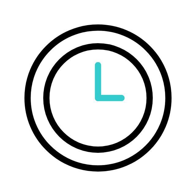 A simple black and white clock icon with blue hands showing 3 o'clock.