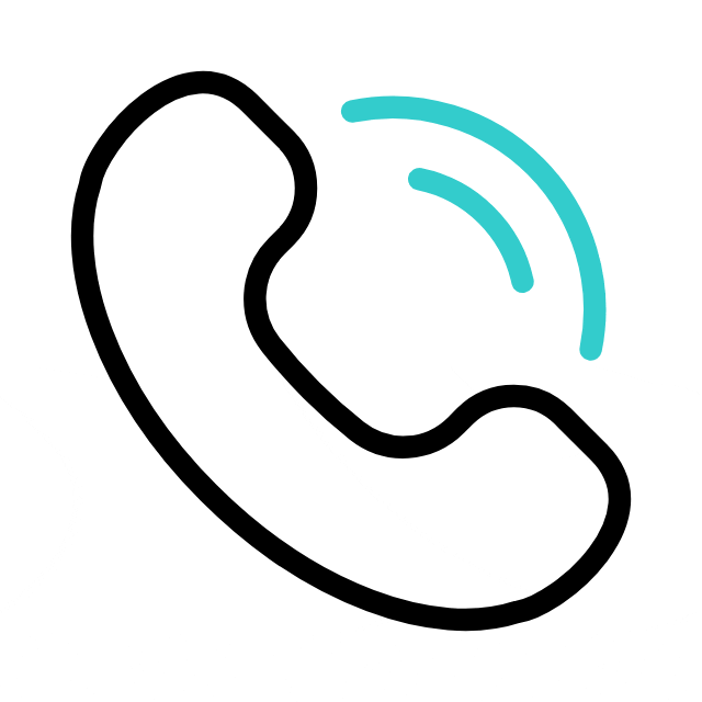 Black telephone receiver icon with blue curved lines indicating an incoming or active call, on a white background.