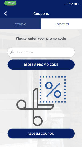 Mobile app screen showing a "Coupons" section with fields to enter a promo code and options to redeem promo codes or coupons, featuring a scissors and percentage icon.