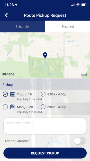 A mobile app screen displays a route pickup request with a map, pickup dates and times, a text box for driver instructions, and a "REQUEST PICKUP" button at the bottom.