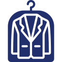 Icon of a suit jacket on a hanger inside a garment bag, depicted in a simple blue and white graphic style.