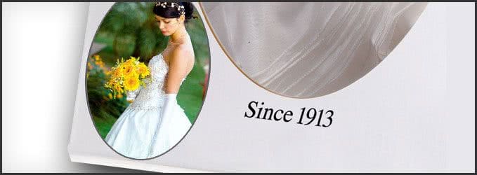A bride in a white dress holding a bouquet of yellow flowers, next to the text "Since 1913" on a white background.