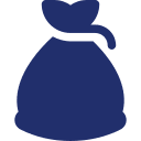 A simple dark blue icon of a tied, full sack or bag, with a string at the top, on a light background.