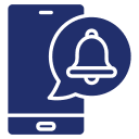 Icon of a smartphone with a speech bubble containing a notification bell symbol, indicating a mobile alert or notification.