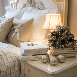 A neatly arranged bedside table features stacked books, a small Christmas wreath, three silver ornaments, and a lit lamp beside a bed with white and beige pillows.