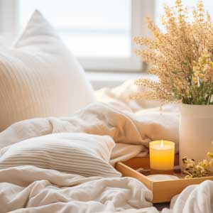 A cozy bed with white pillows and blankets, a wooden tray holding a lit yellow candle, and a white vase with dried flowers near a window.