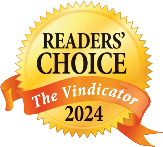 Gold badge with "READERS' CHOICE" at the top, "The Vindicator" on an orange ribbon, and "2024" at the bottom.
