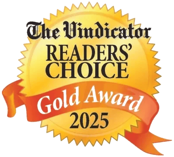 A gold seal reads "The Vindicator Readers' Choice Gold Award 2025" with a red ribbon and black text on a yellow background.