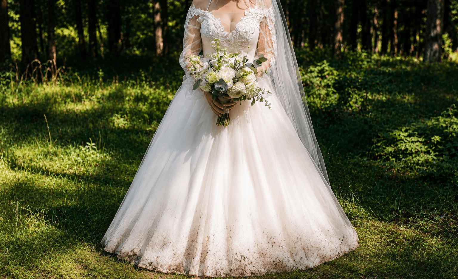 A bride in a white lace wedding dress with a bouquet stands outdoors; the lower part of her dress is stained with mud.